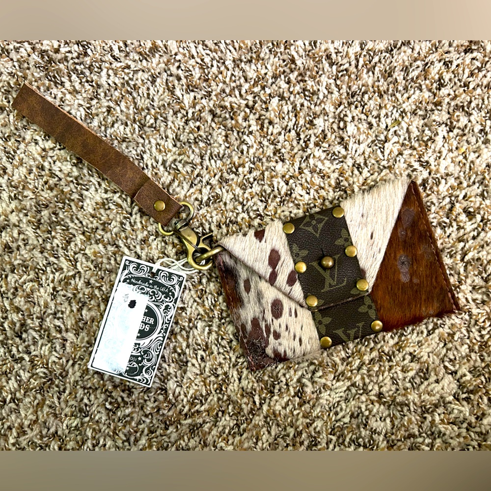 Brown Cowhide Wristlet with Gold Accents